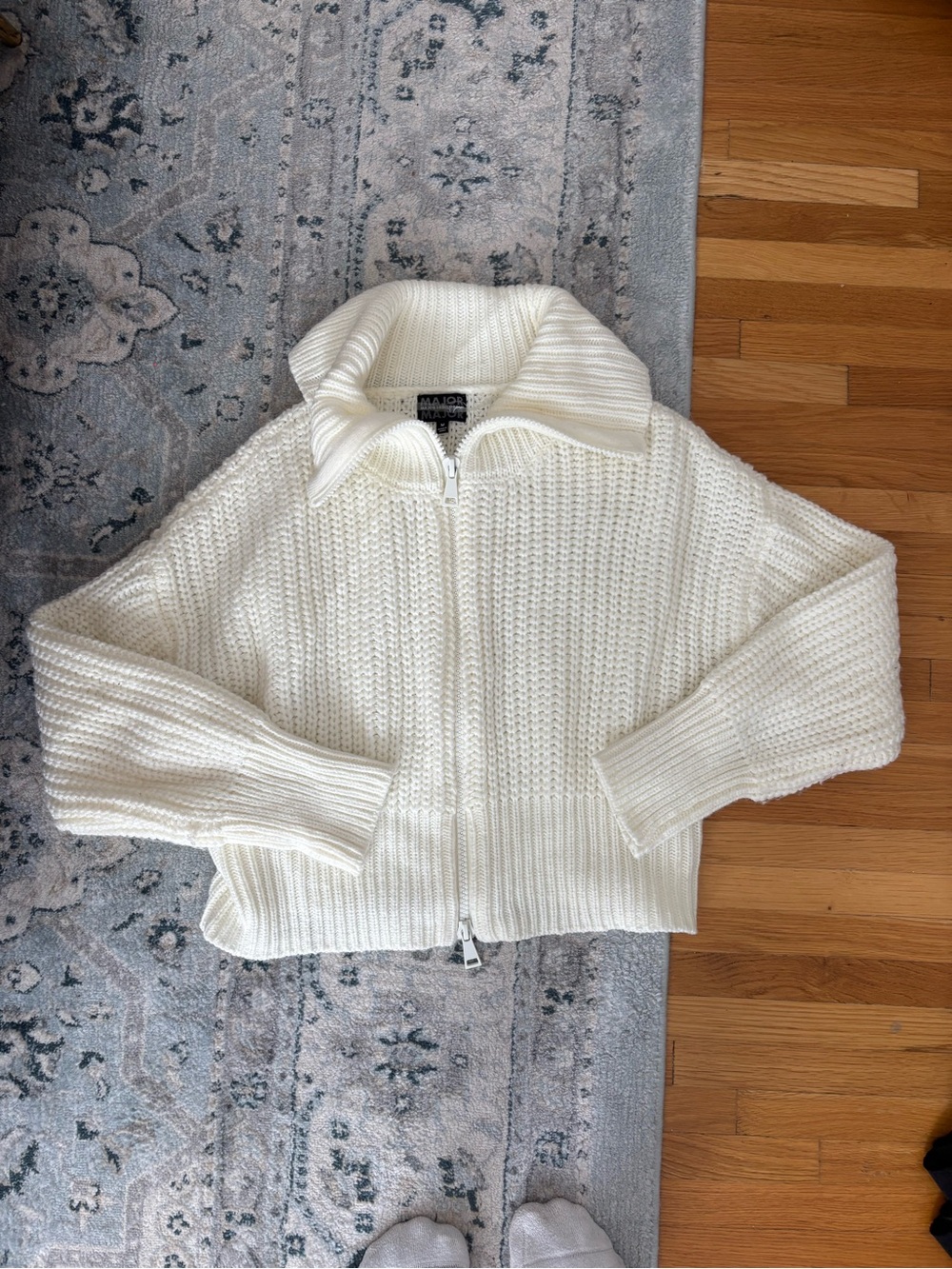 Cream Zip-Front Chunky Knit Cardigan